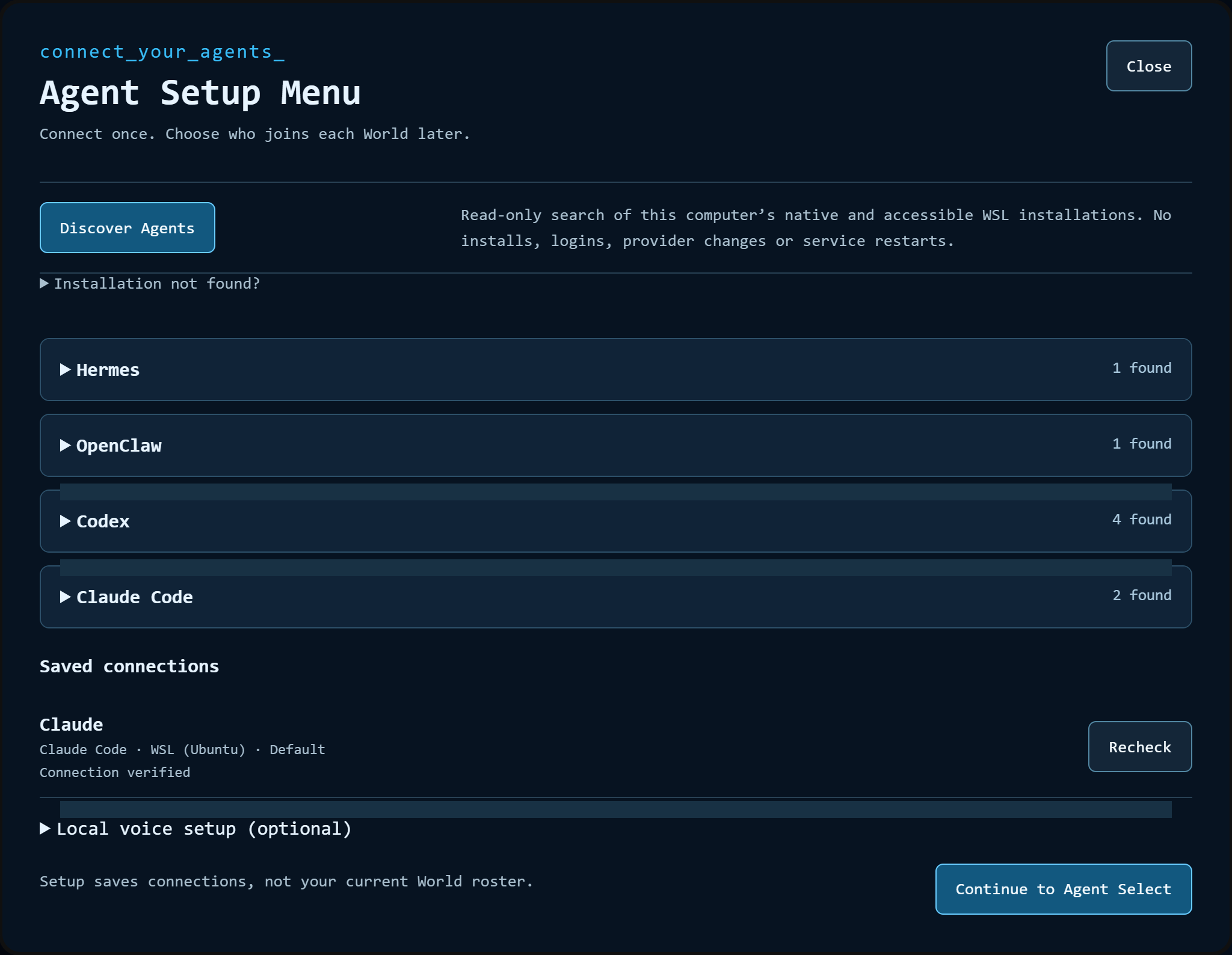 Agent Setup Menu with four discovered harnesses and saved connections