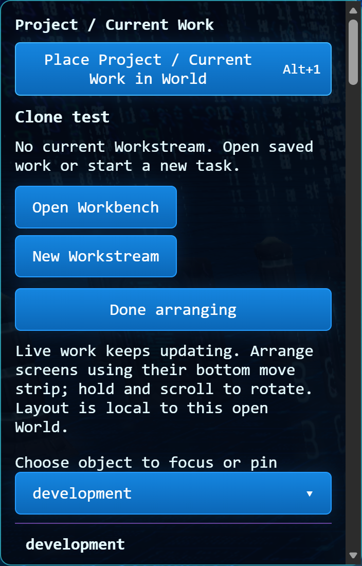 Project workspace arrangement controls and visual-only prop options