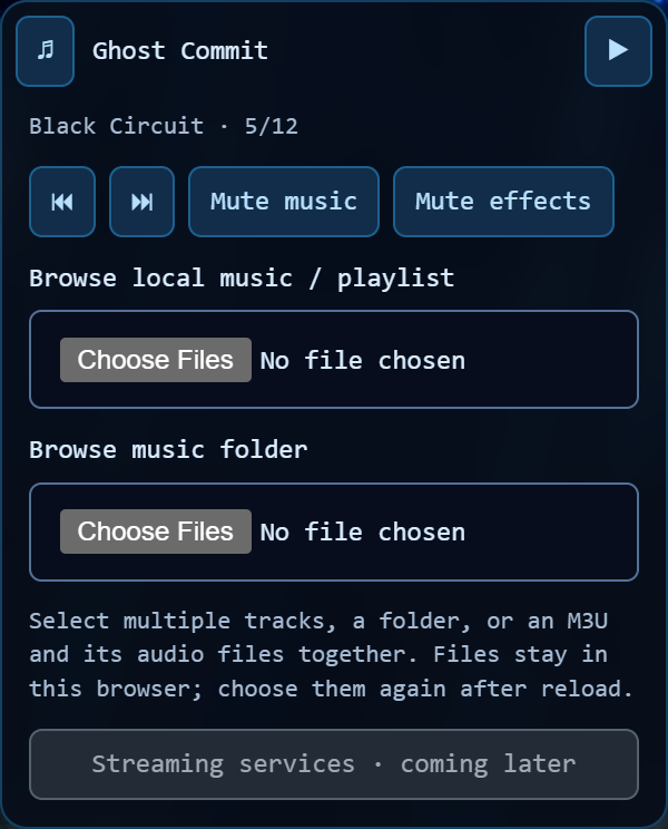 Expanded music and effects player with local file selectors