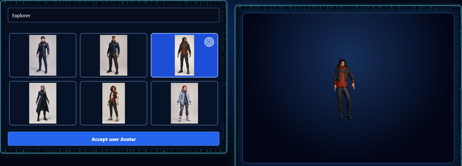 First-launch avatar picker with six thumbnails, a rendered 3D preview and Accept user Avatar