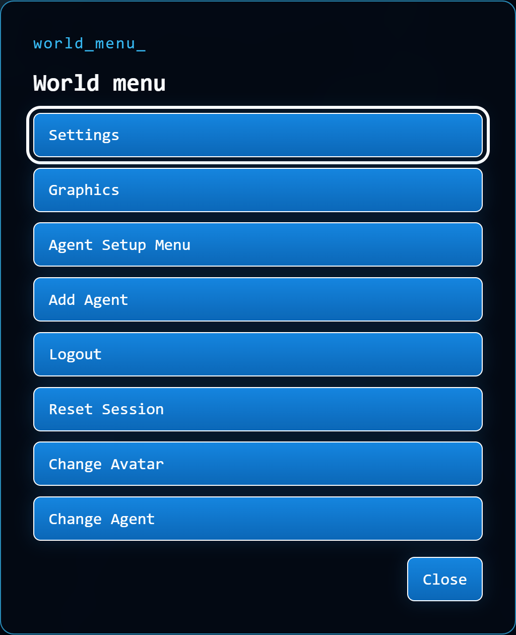 World menu with Settings, Graphics and agent/session controls