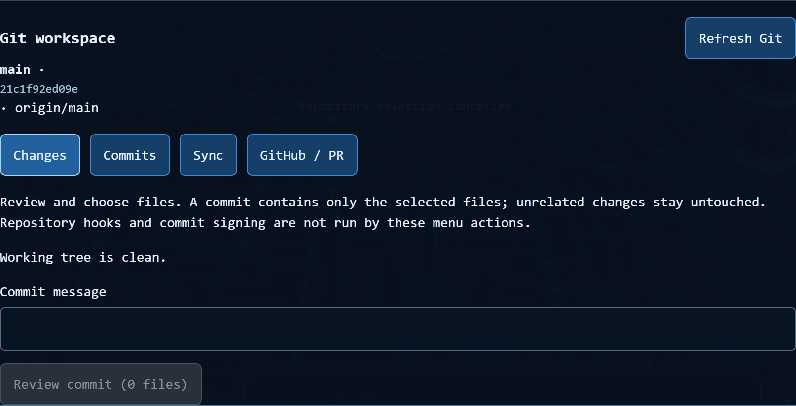 Git workspace status, changed file and commit controls