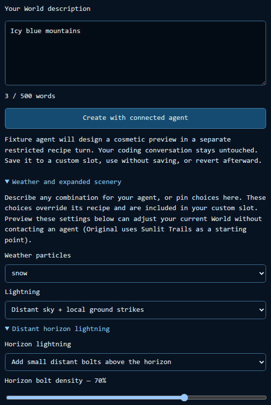 Isolated weather controls showing snow, both lightning modes and enabled horizon bolts