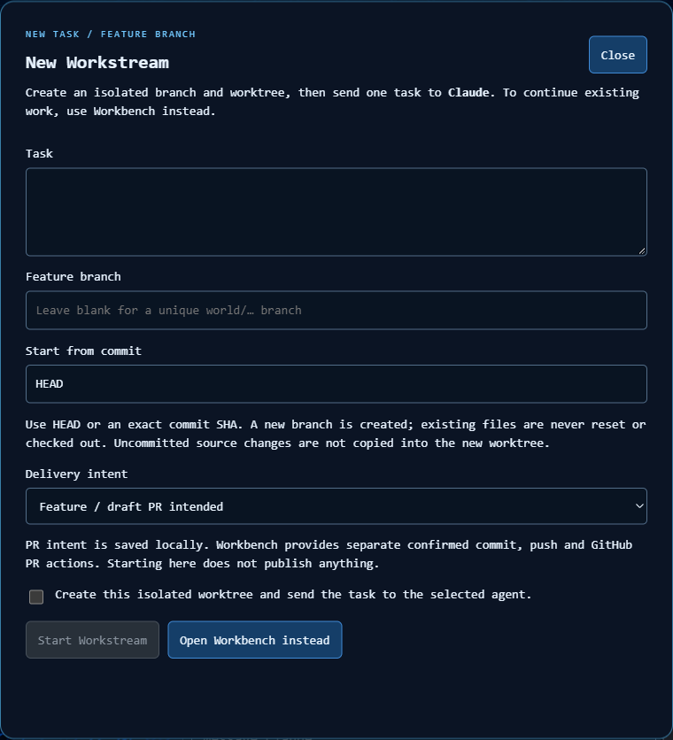 Complete New Workstream form with task, branch, base commit, delivery intent and confirmation