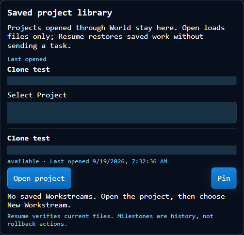 Saved project library with project selector and Open project action