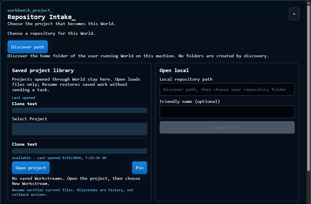 Current Repository Intake header, Discover path, project library and complete Open local form