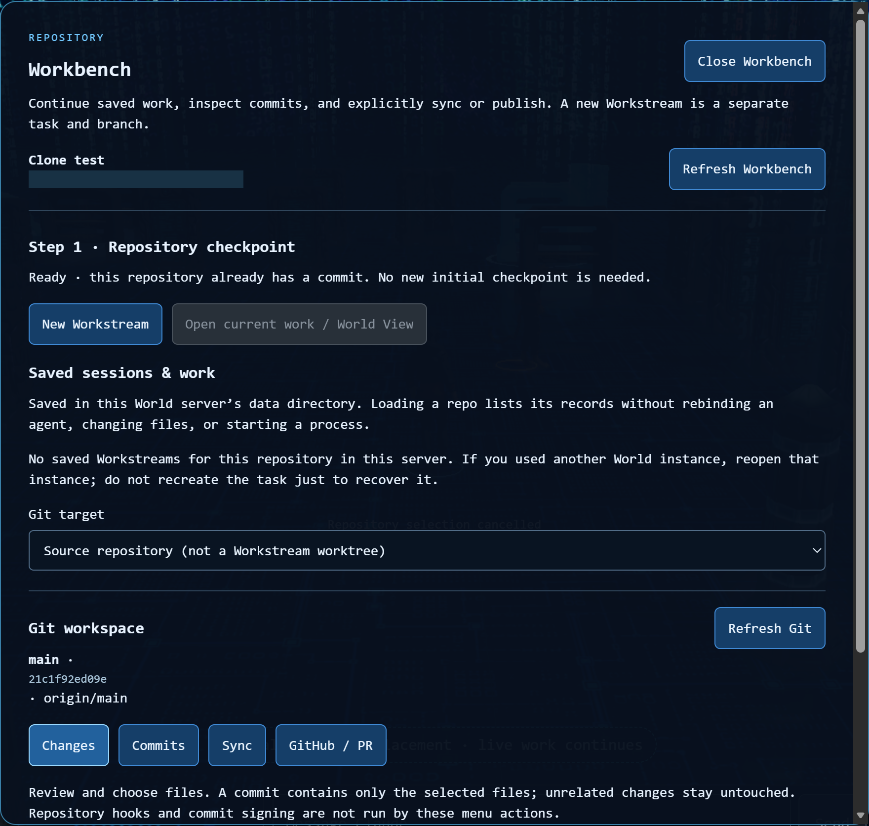 Workbench checkpoint, saved work and Git state